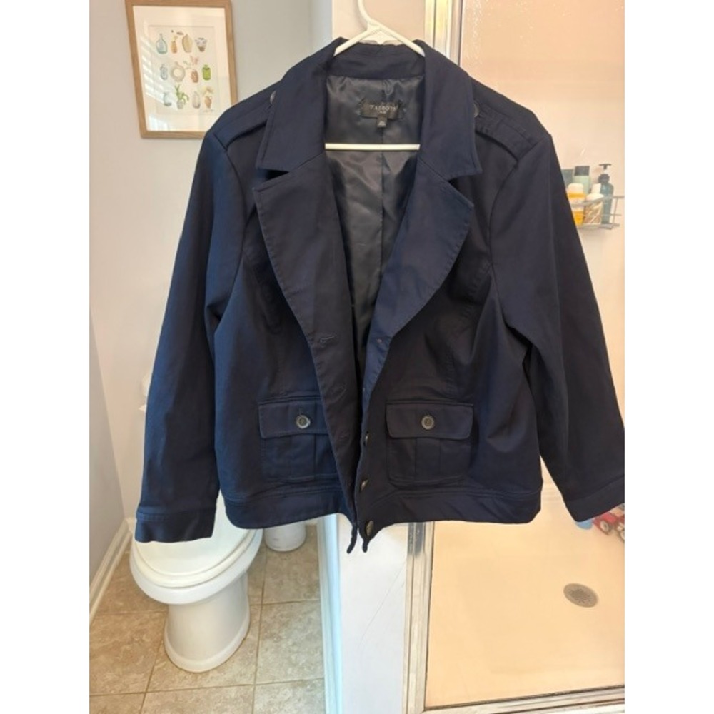 Talbots Plus Navy Utility Jacket Military Style Cotton Stretch Button Front